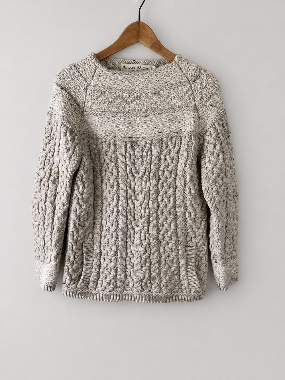 Aran Mor cream Fleck 100% merino wool cable knit fisherman sweater Small Ireland